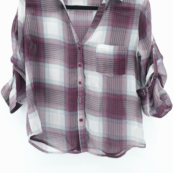 Band of Gypsies Boho Sheer Purple Plaid Tunic Blouse Roll Tab Sleeve Pocket M - Picture 3 of 10